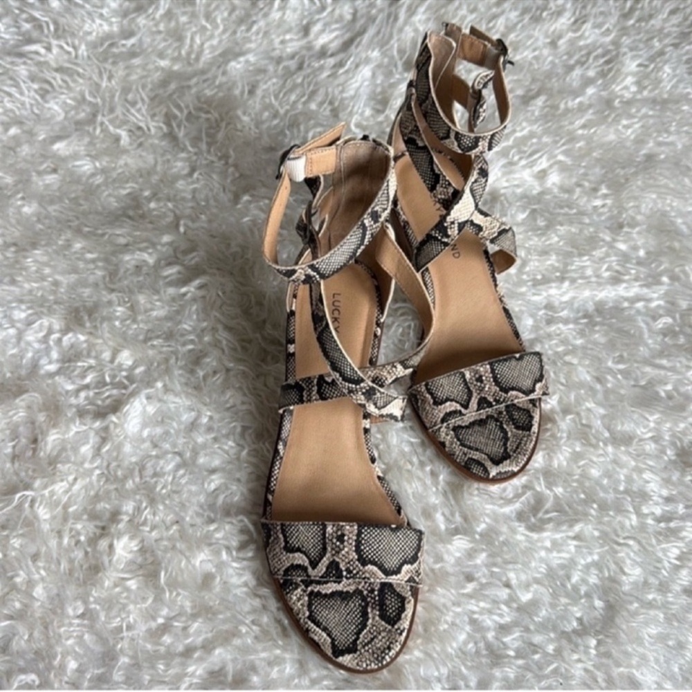 Lucky Brand reptile print Strappy Heeled Sandals/Shoes Sz 8.5 black ivory
